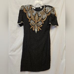 Denise Elle Vtg Silk Beaded Sequin Dress Womens L NWT 80s 90s Formal LBD